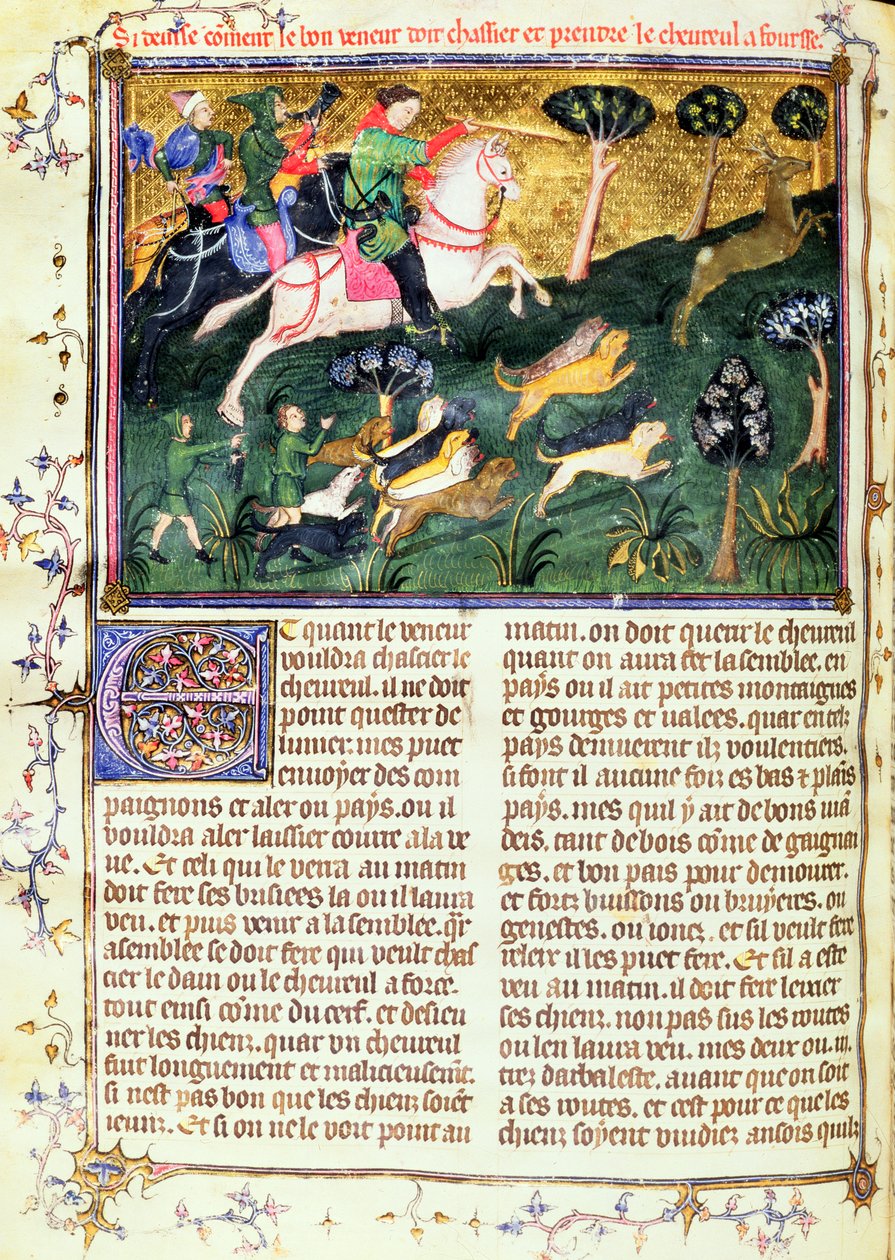 Inseguimento di un capriolo, dal Livre de la Chasse, testo originale scritto da Gaston III, Conte di Foix Phebus le Chasseur (1331-91) Avignone, 1387-89 da French School