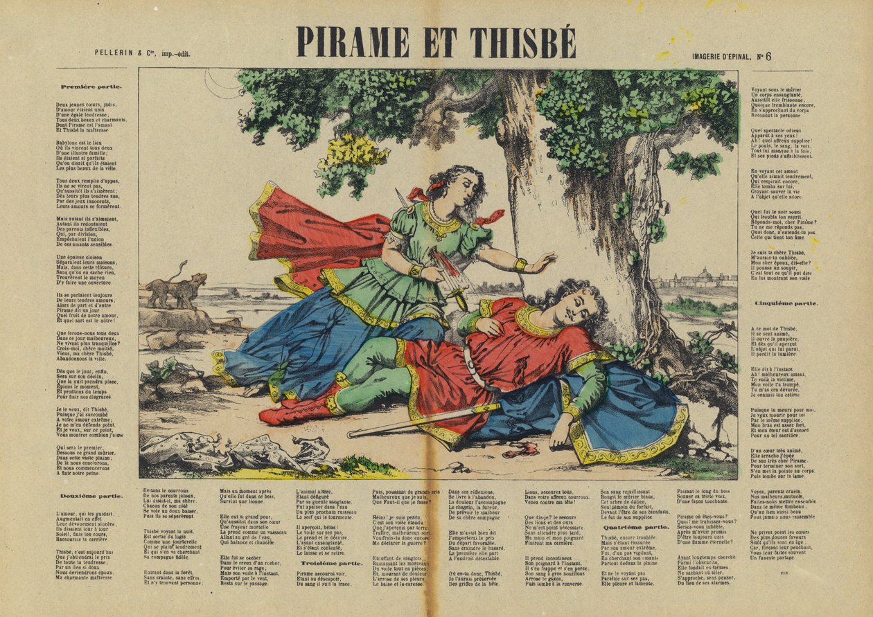 Piramo e Tisbe (litografia a colori) da French School