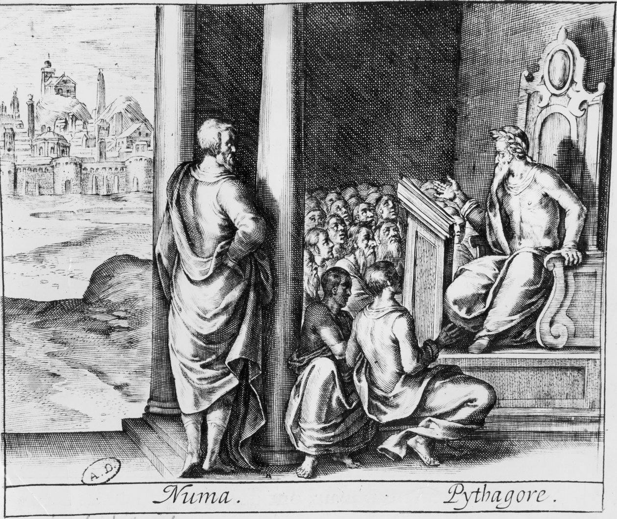Pitagora (c.570-480 a.C.) insegna a una classe di studenti, illustrazione da Le Metamorfosi di Ovidio da French School