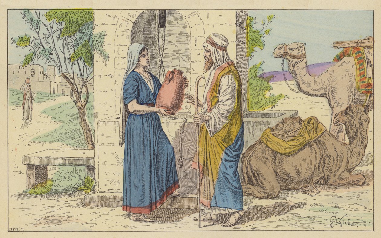 Rebecca al pozzo (litografia a colori) da French School