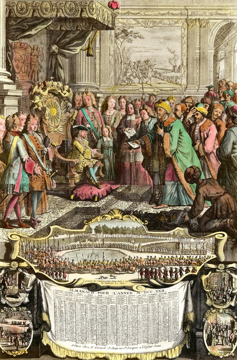 Ricevimento di Mehemet Effendi ambasciatore turco del grande Sultano Achmet da Luigi XV il 21 marzo 1721 alle Tuileries. Incisione del XVIII secolo. Collezione privata. da French School