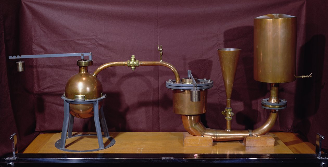 Ricostruzione di una macchina a pressione di vapore inventata da Denis Papin (1647-1712) (rame) da French School