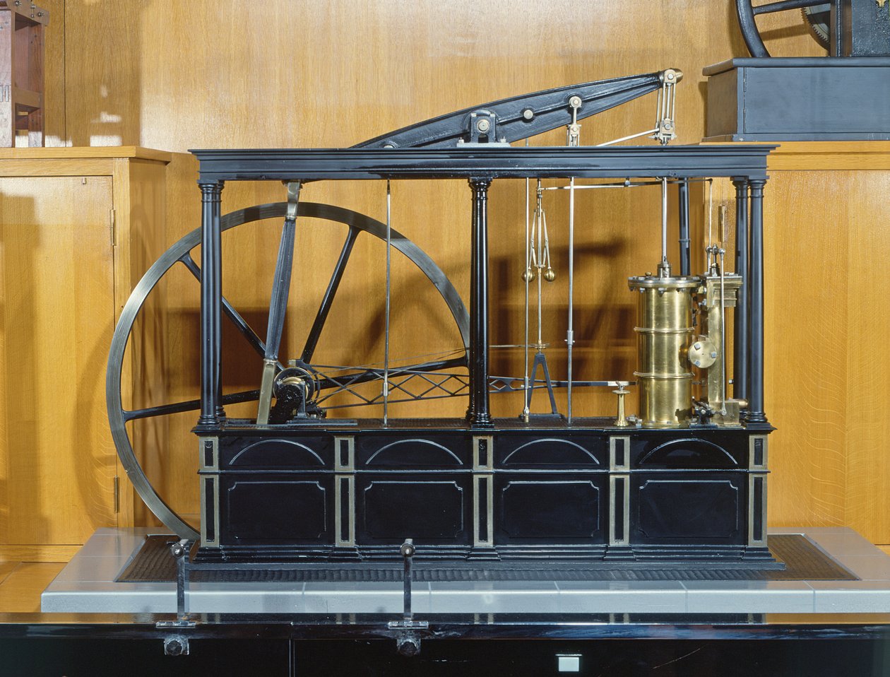 Ricostruzione del motore a vapore progettato da James Watt (rame e vetro) da French School