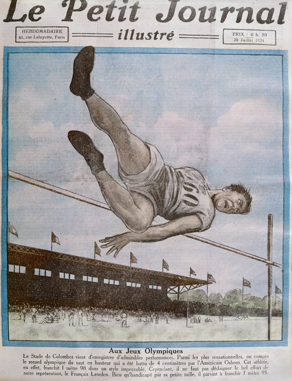 Record di salto in alto agli 8° Giochi Olimpici, Parigi, 1924, illustrazione di copertina da Le Petit Journal 20 luglio 1924 da French School