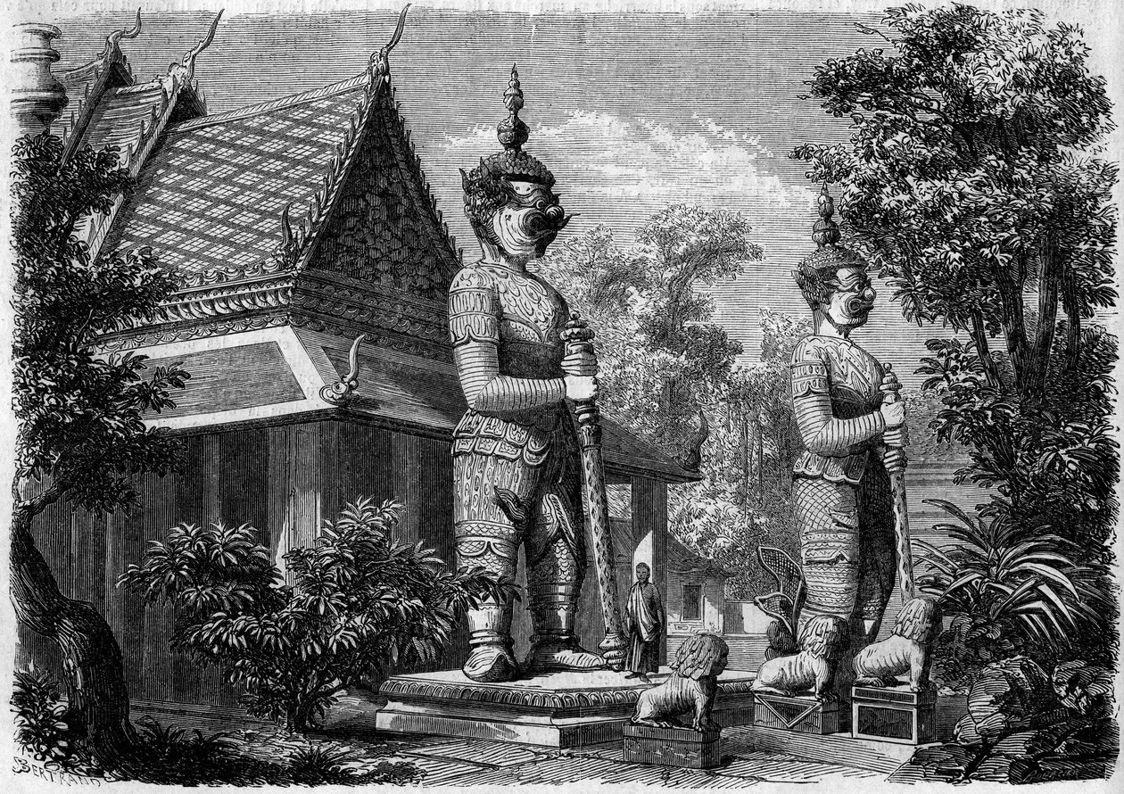 Architettura religiosa: vista esterna di una pagoda a Bangkok (Siam) nel 1861. Incisione in "Le Monde Illustré" n.223 del 20 luglio 1861 da French School