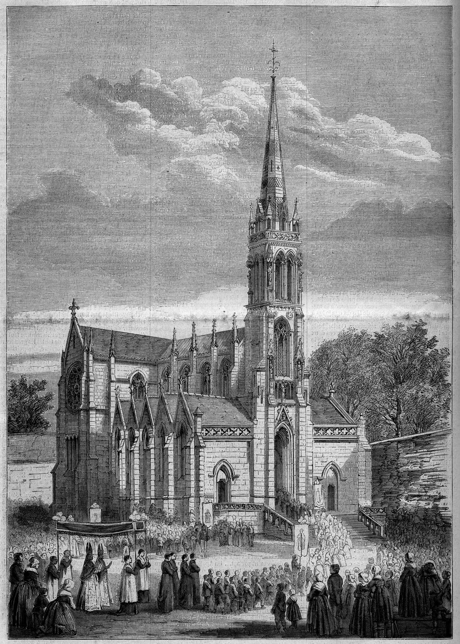 Architettura religiosa: vista generale della chiesa di Monfort le Retrou (oggi Montfort le Gesnois nella Sarthe (72), il giorno della sua inaugurazione nel 1858. Da un disegno di Mr. Moulin. Incisione in "Le Monde Illustré" n°77 del 2 ottobre 1858. da French School