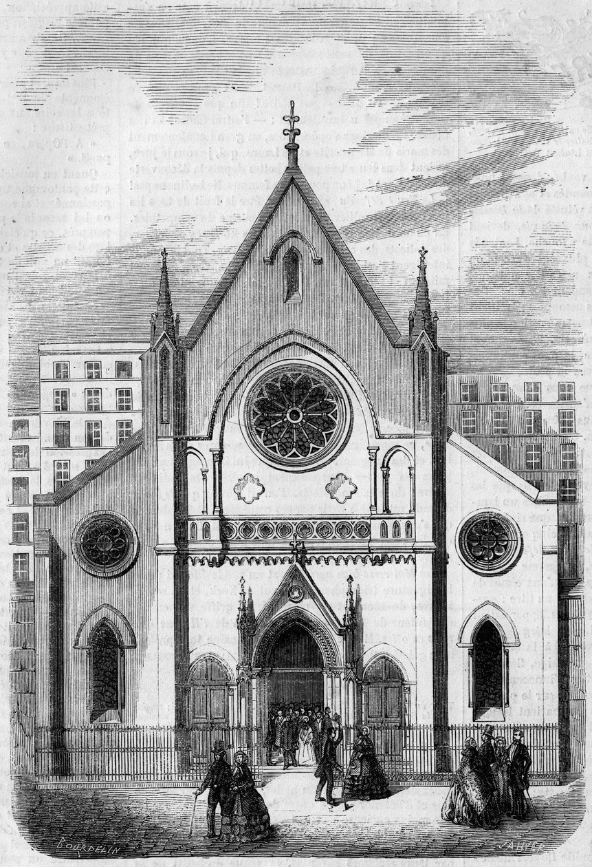Architettura religiosa: vista della facciata del Tempio per gli americani che vivono a Parigi, rue de Berry, nel 1857. Edificio costruito dall