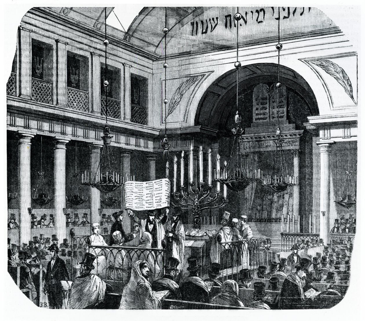 Cerimonia religiosa alla vecchia sinagoga di Parigi per Rosh Hashanah, illustrazione da Le Tableau de Paris di Edmond Texier, pubblicato a Parigi da French School