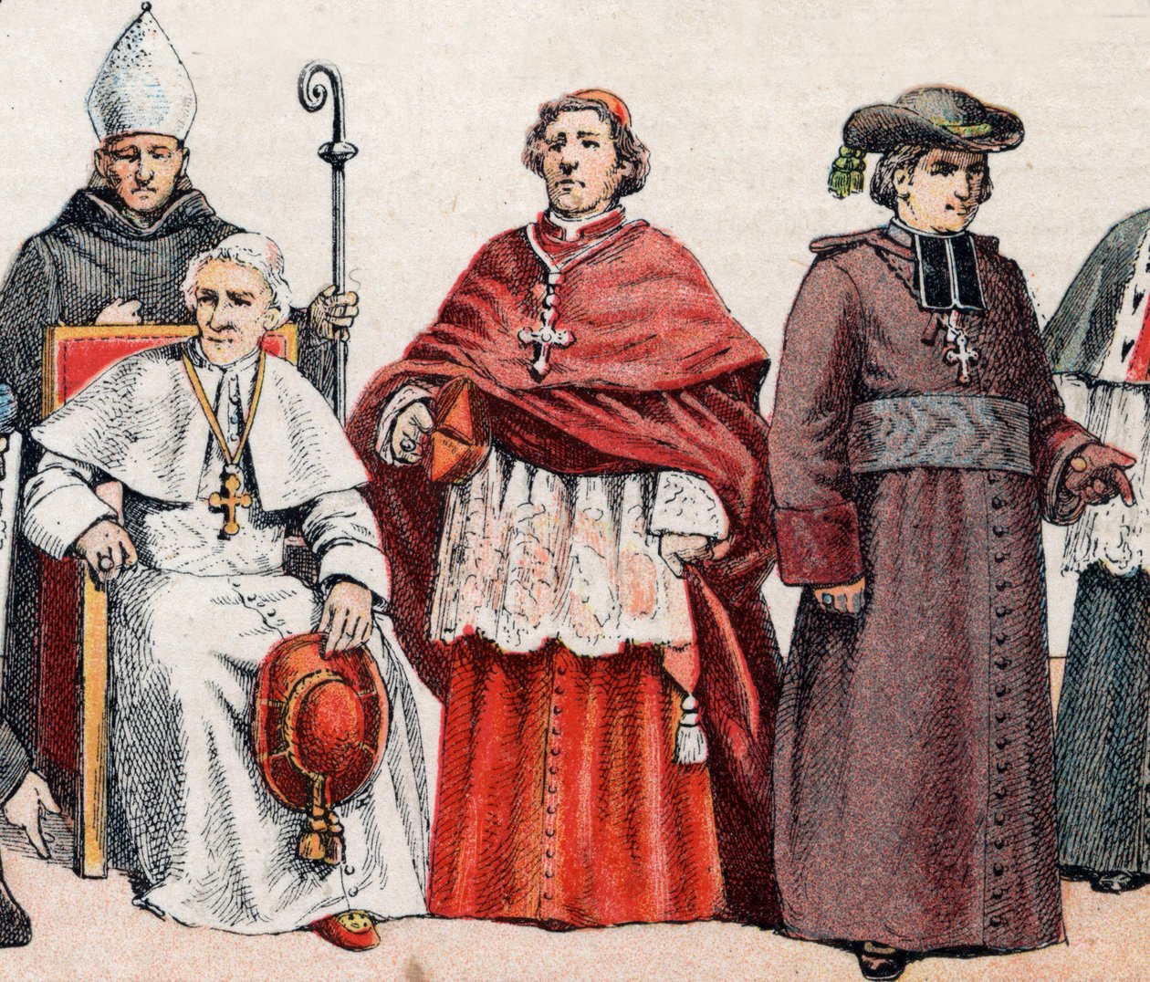 Costumi religiosi: da sinistra a destra, un vescovo con mitra e pastorale, Papa Leone XIII seduto, un cardinale in cappa magna, e un vescovo in abito - da sinistra a destra, vescovo con mitra e pastorale, il papa Leone XIII da French School
