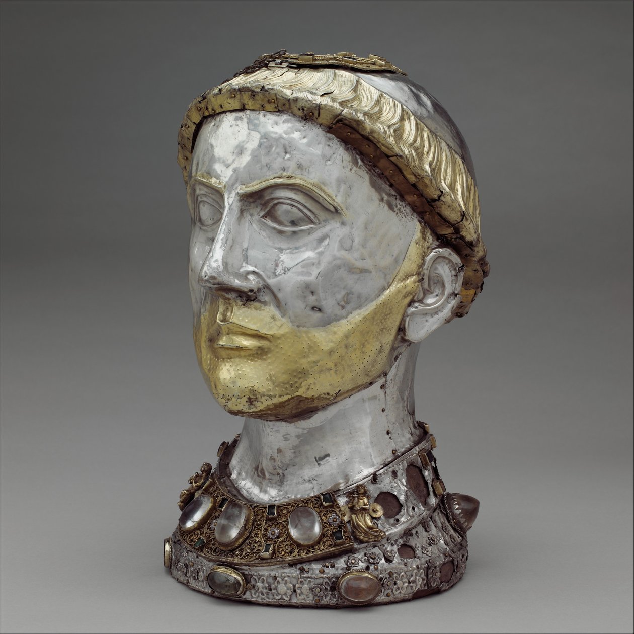 Reliquiario del busto di San Yrieix, c.1220-40 (argento dorato con cristallo di rocca, gemme e vetro) da French School
