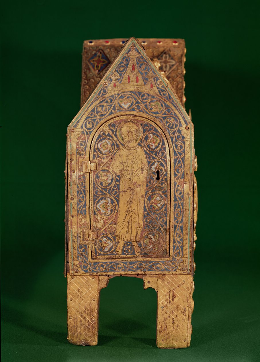 Cassa reliquiario di San Calminio, dettaglio di San Pietro che tiene le chiavi, Limoges da French School
