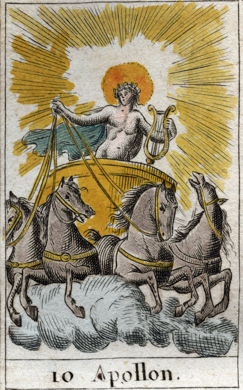 Rappresentazione di Apollo, dio del canto, della musica e della poesia, sul suo carro. Da "Mitologia della gioventù" di Pierre Blanchard 1803. da French School