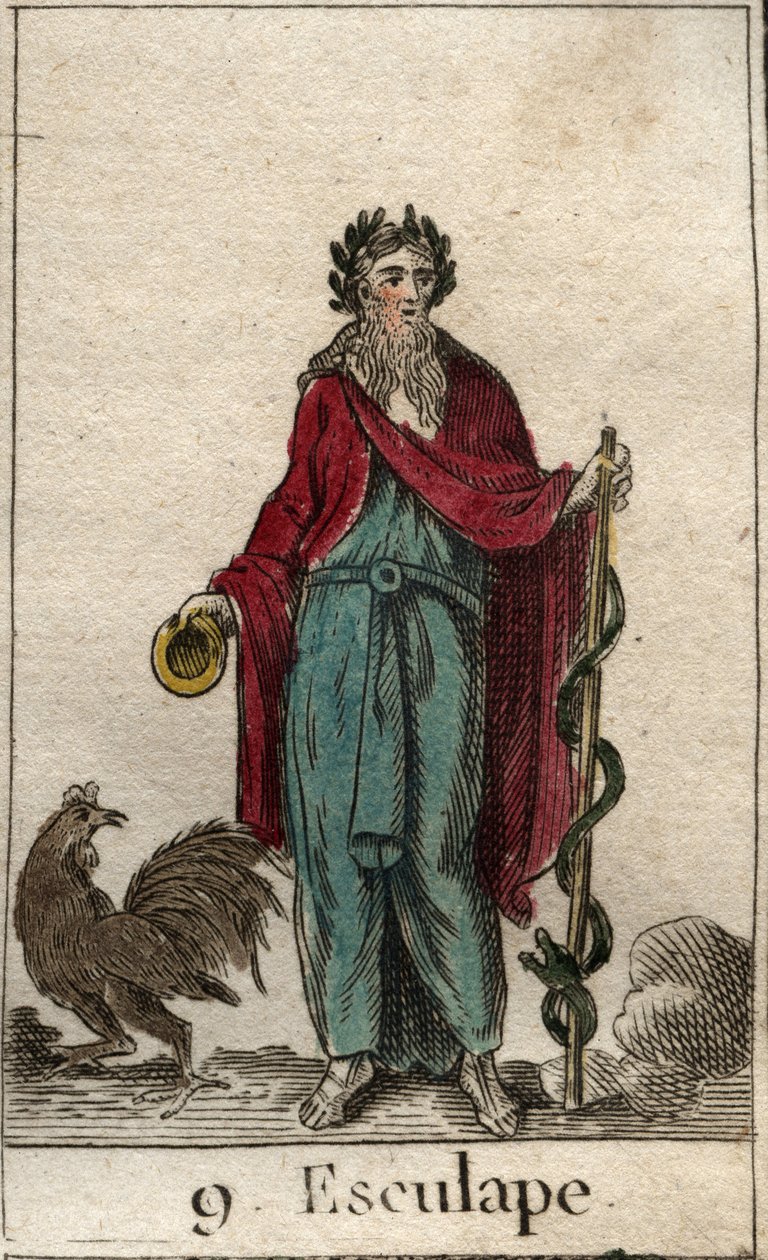 Rappresentazione di Asclepio, dio della Medicina, tiene in mano un bastone di Asclepio, un bastone di pellegrino su cui è avvolto un serpente, simbolo di conoscenza. Da 