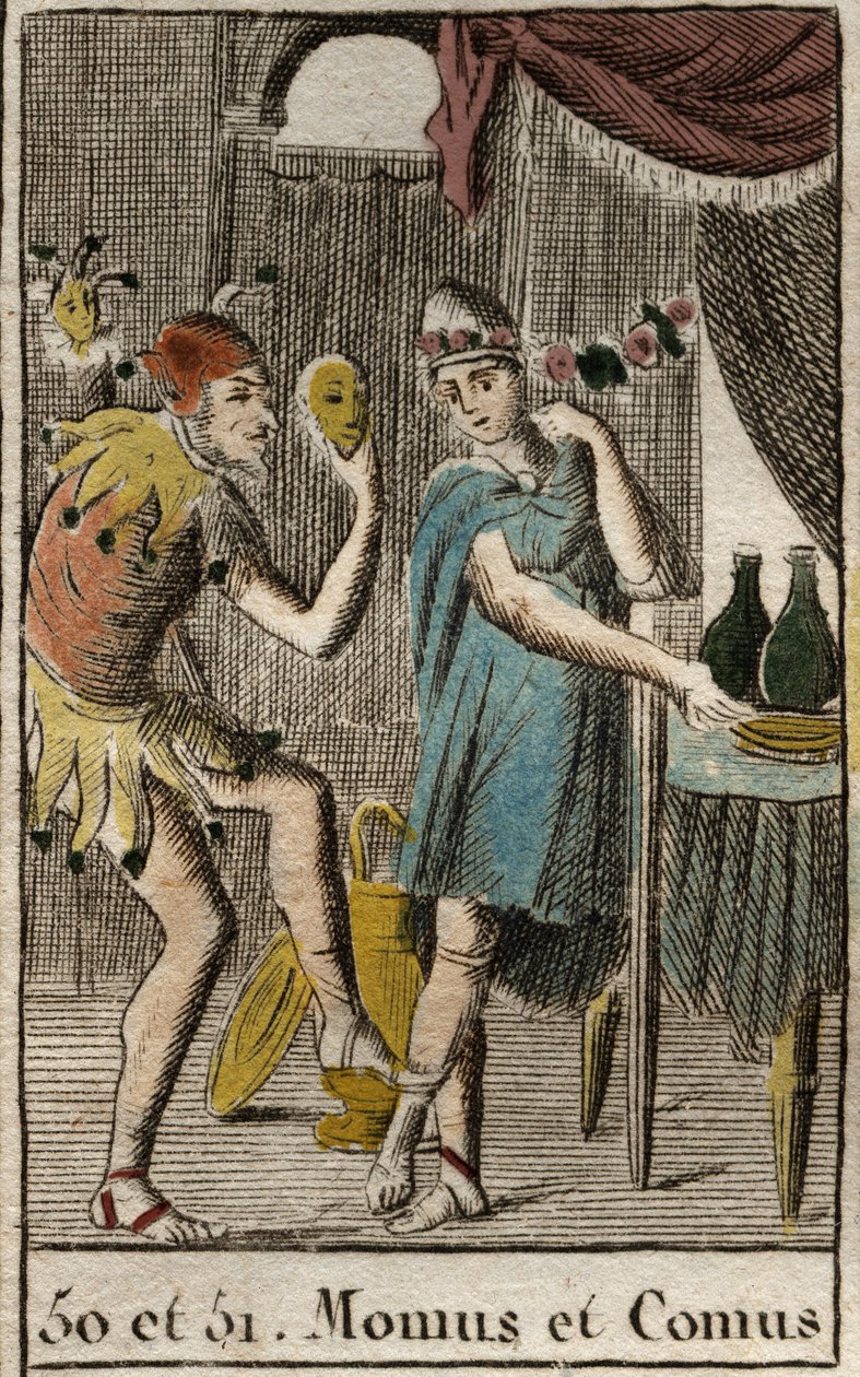 Rappresentazione di Comus, divinità dei buongustai e della cucina, presiede i banchetti, rappresentato appoggiato a un palo con una torcia e Momos, personificazione della derisione e del sarcasmo, rappresentato come un giullare di corte. da French School