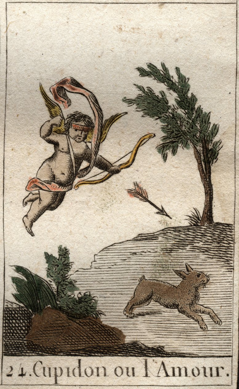 Rappresentazione di Cupido, o Amore, servitore di Venere, come un bambino bendato, che tende un arco. Da 