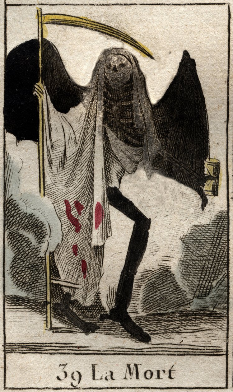 Rappresentazione della Morte, scheletro vestito di nero e alato, tiene una grande falce. Da "Mythologie de la jeunesse" di Pierre Blanchard 1803. da French School