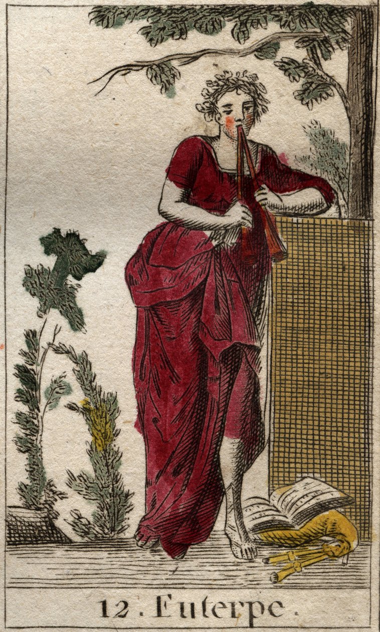 Rappresentazione di Euterpe, musa della musica, circondata da libri di musica e suonando il doppio flauto (aulos). Da 