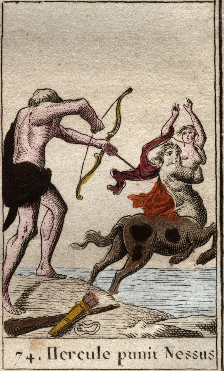 Rappresentazione di Ercole che scocca una freccia avvelenata al centauro Nesso che rapisce sua moglie Deianira. Da 
