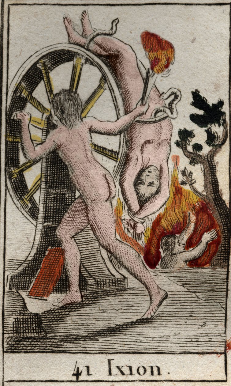 Rappresentazione di Issione, punito dagli dei, è condannato a essere incatenato a una ruota infuocata che gira senza sosta. Da "Mitologia della gioventù" di Pierre Blanchard 1803. da French School