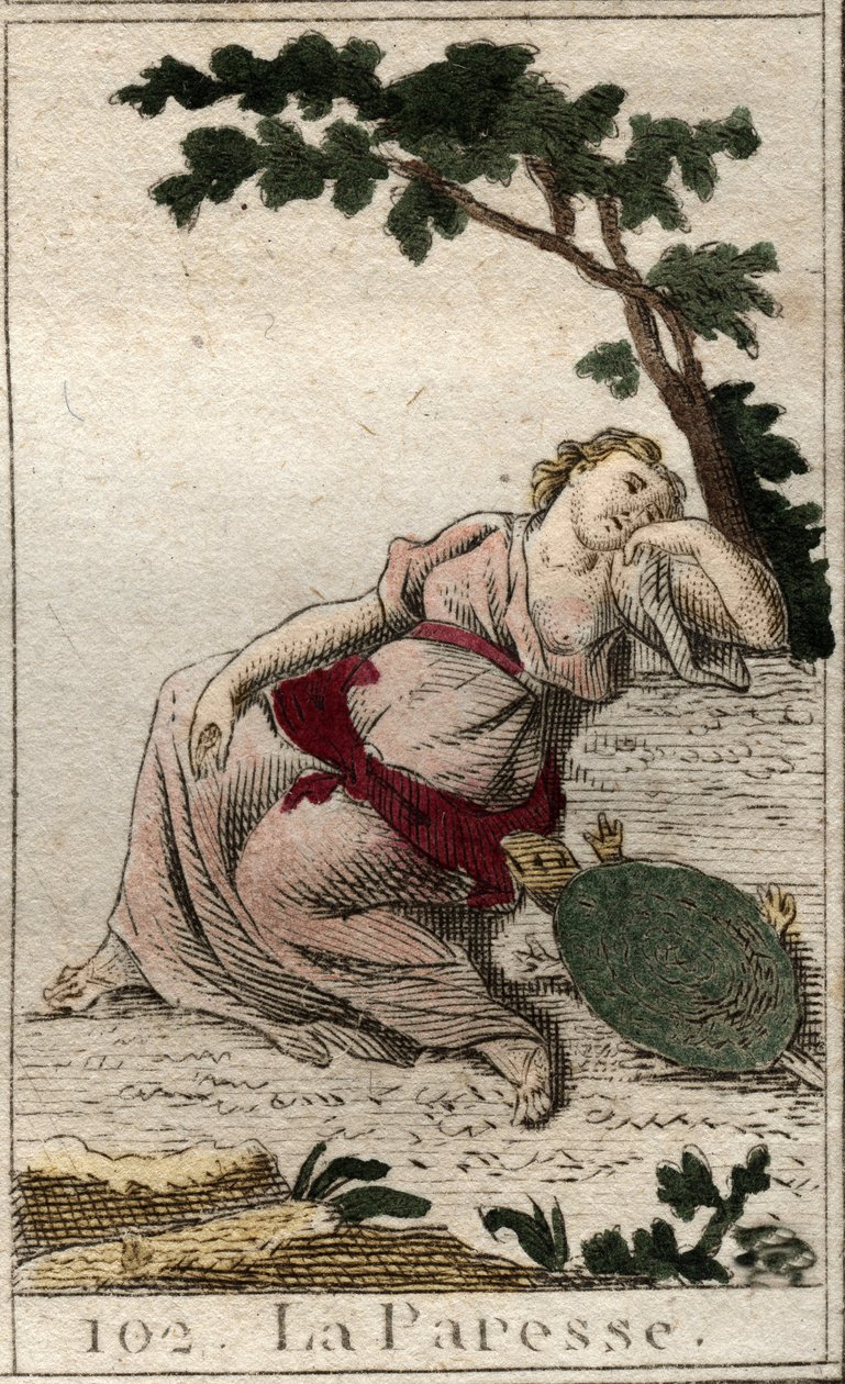 Rappresentazione della Pigrizia, figlia della Notte e del Sonno, come un giovane uomo con una tartaruga. Da 