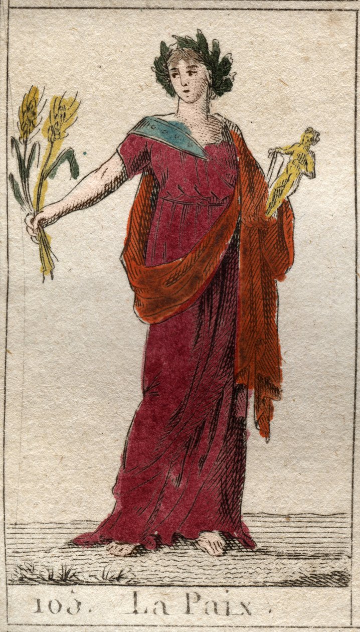 Rappresentazione della Pace, come una donna coronata di alloro, che tiene un fascio di grano. Da 