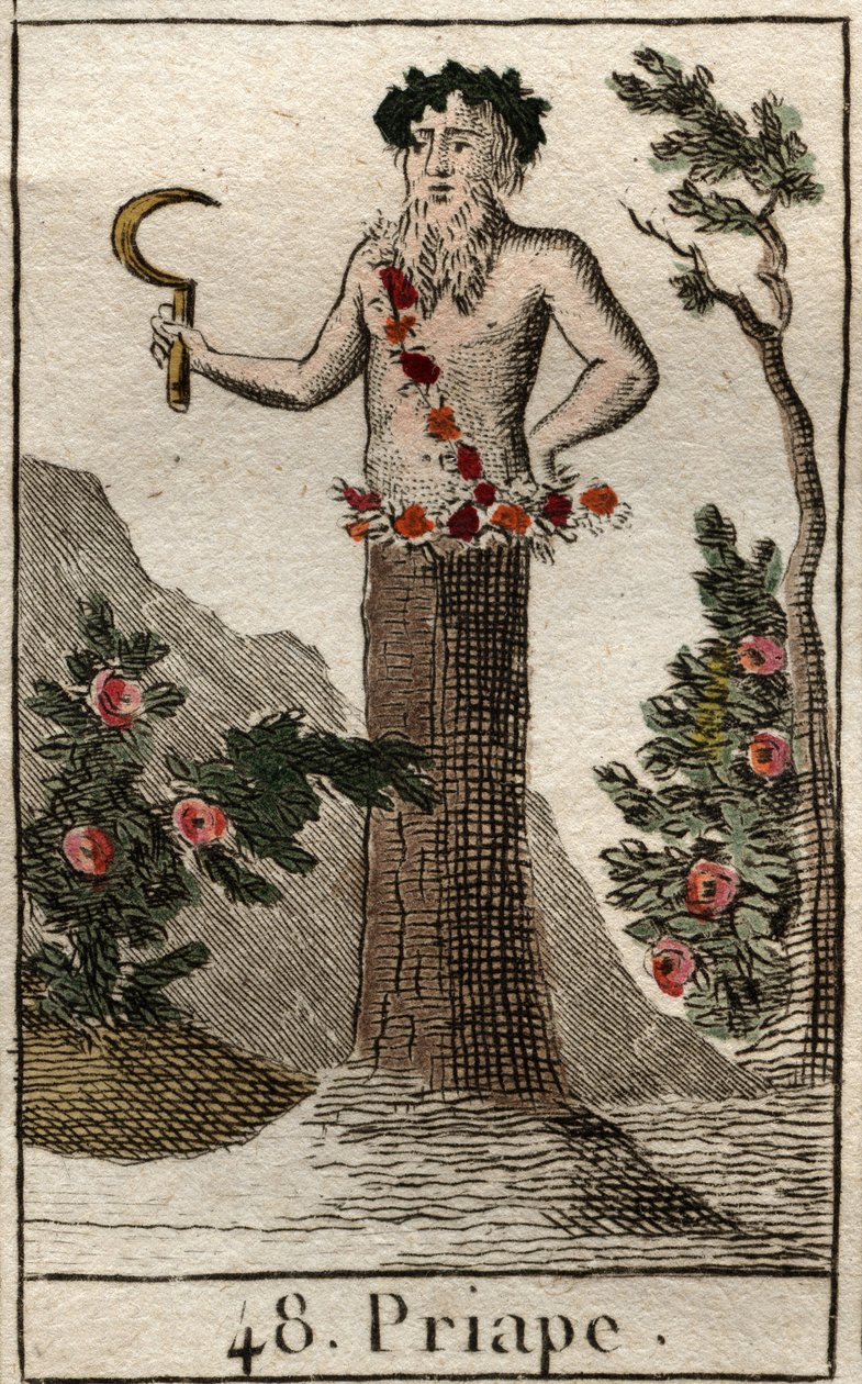 Rappresentazione di Priapo, dio della fertilità rustica, spesso rappresentato con un pene permanentemente eretto, tiene una falce. Da "Mitologia della gioventù" di Pierre Blanchard 1803. da French School