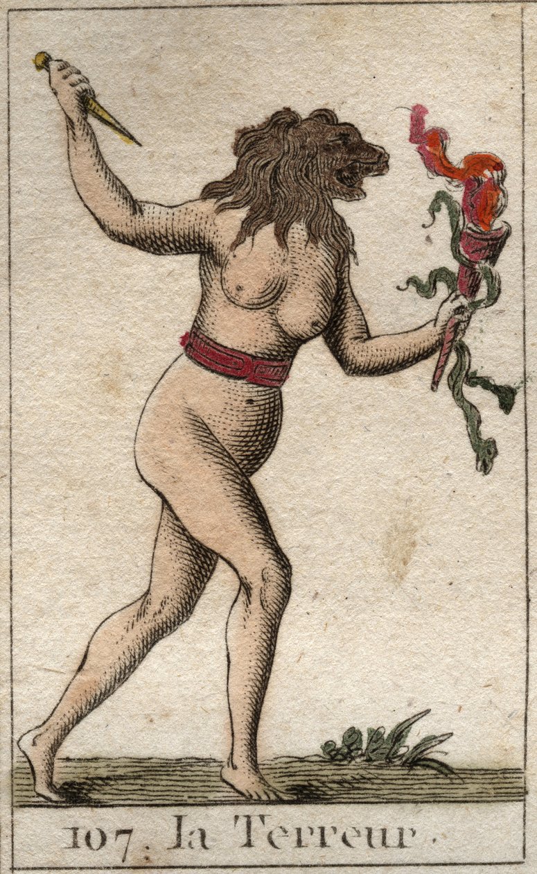 Rappresentazione del Terrore, come una donna con testa di leone, che tiene un coltello e serpenti. Da 