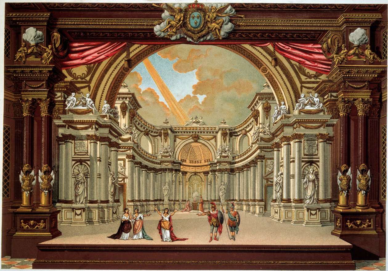 Rappresentazione di una commedia di Jean Baptiste Poquelin detto Molière (1622-1673) al teatro del castello di Versailles. Litografia del XIX secolo. Arti decorative, Parigi da French School