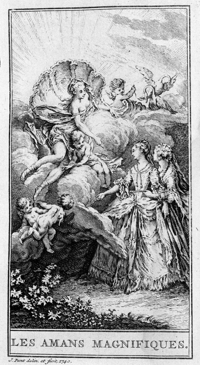 Rappresentazione di una scena del pezzo "Les amants magnifiques" (1670) di Jean Baptiste Poquelin detto Molière. Incisione del 1740 da French School