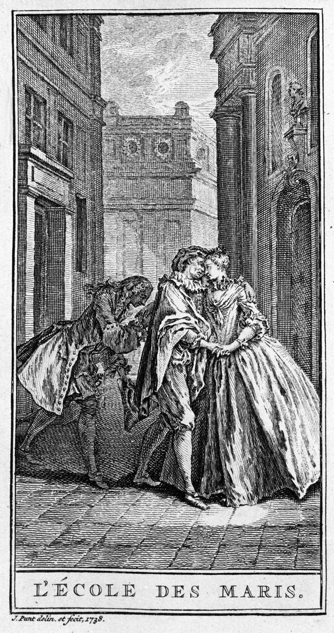Rappresentazione di una scena della commedia "La scuola dei mariti" di Moliere. Incisione del 1738 da French School