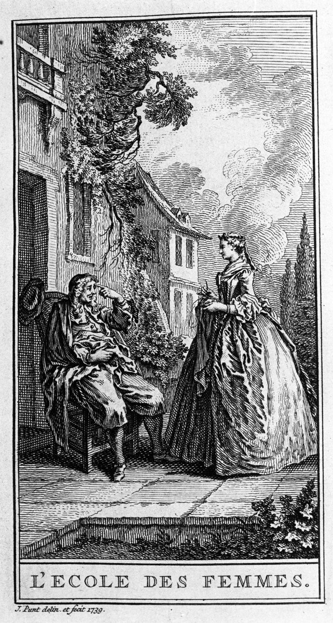 Rappresentazione di una scena della commedia "La scuola delle mogli" di Moliere. Incisione del 1739 da French School