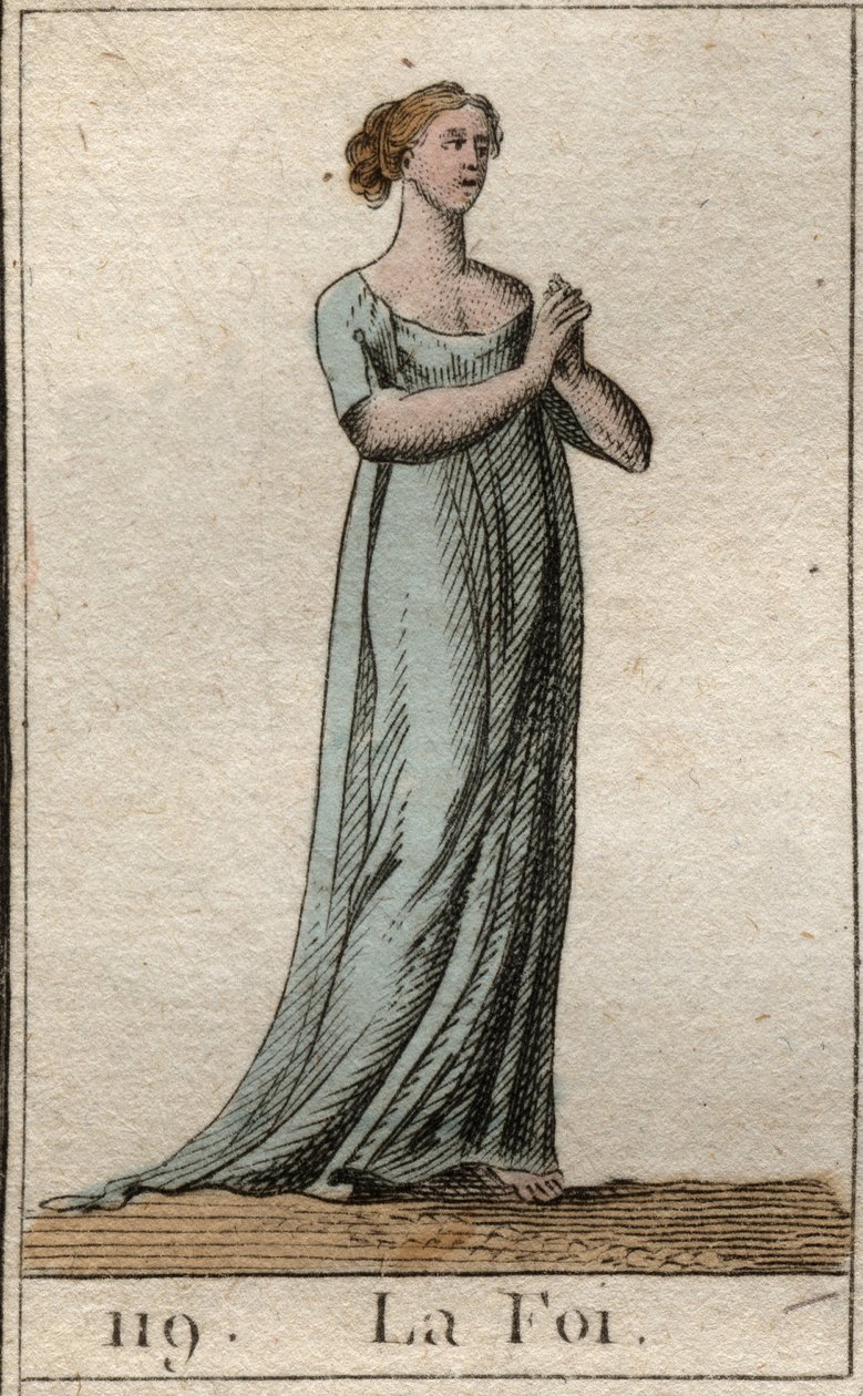Rappresentazione della Fede, donna vestita di bianco con le mani giunte. Da 