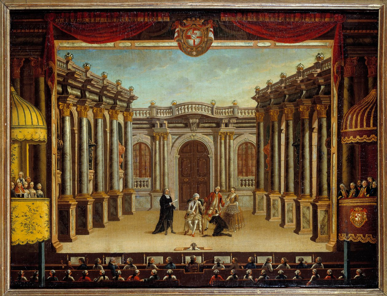 Rappresentazione del Malato Immaginario di Molière al Teatro di Minorca, Spagna; vista della scena da French School