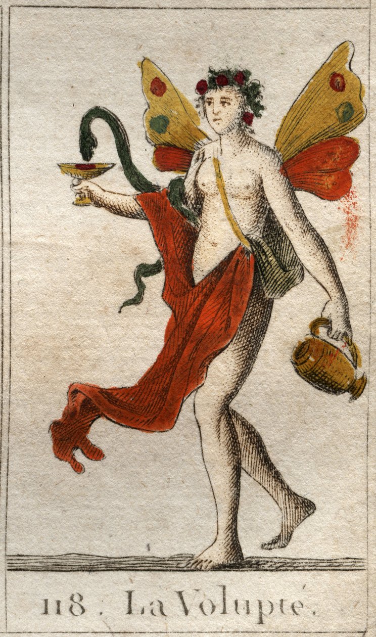 Rappresentazione della Voluttà, donna nuda coronata di rose, tiene una coppa o un serpente che versa un liquore delizioso. Da "Mythology of Youth" di Pierre Blanchard 1803. da French School