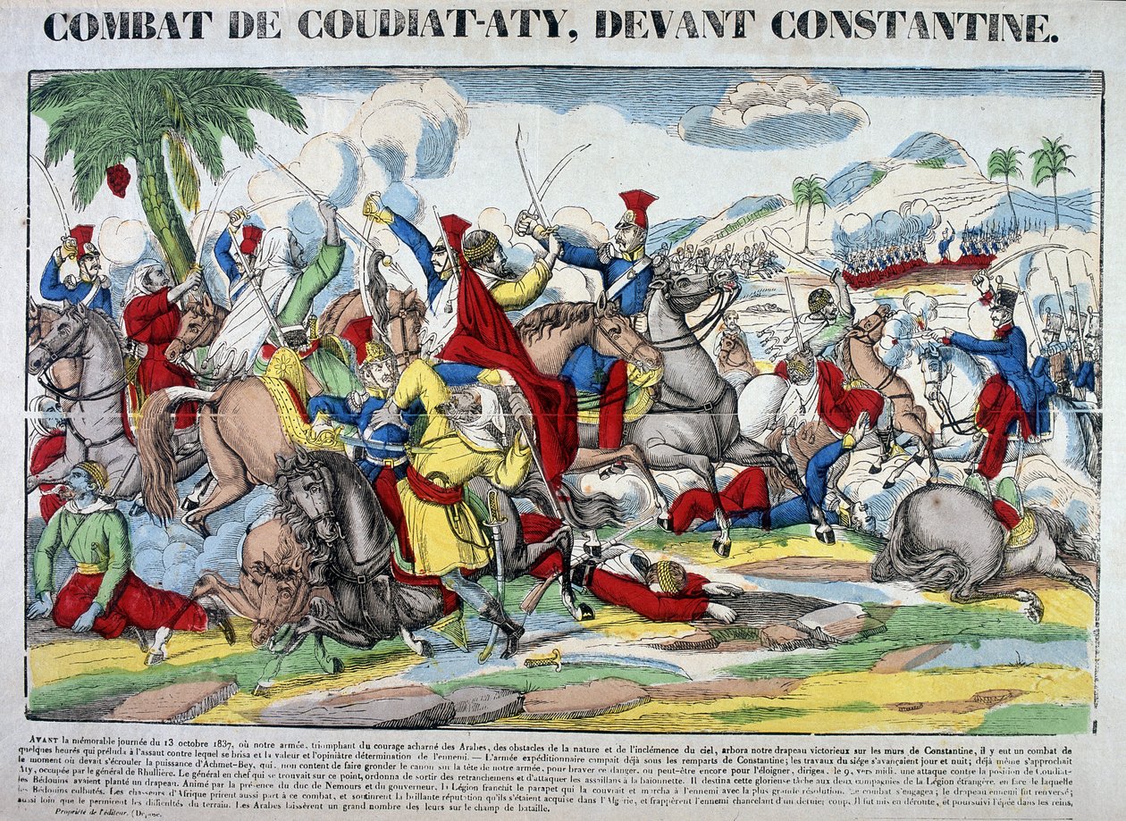 Rappresentazione della battaglia di Coudiat Aty, prima di Costantino, che portò alla cattura di Costantino il 13 ottobre 1837. Immagine di Epinal da French School