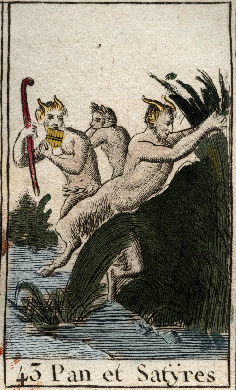 Rappresentazione del dio campestre Pan e dei satiri. Ha cosce pelose, piedi di capra e suona il flauto (Syrinx). Da 