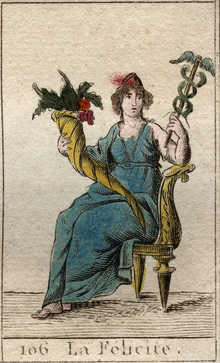 Rappresentazione della divinità della Felicità (o Eudemonia) che tiene in una mano un caduceo e nell