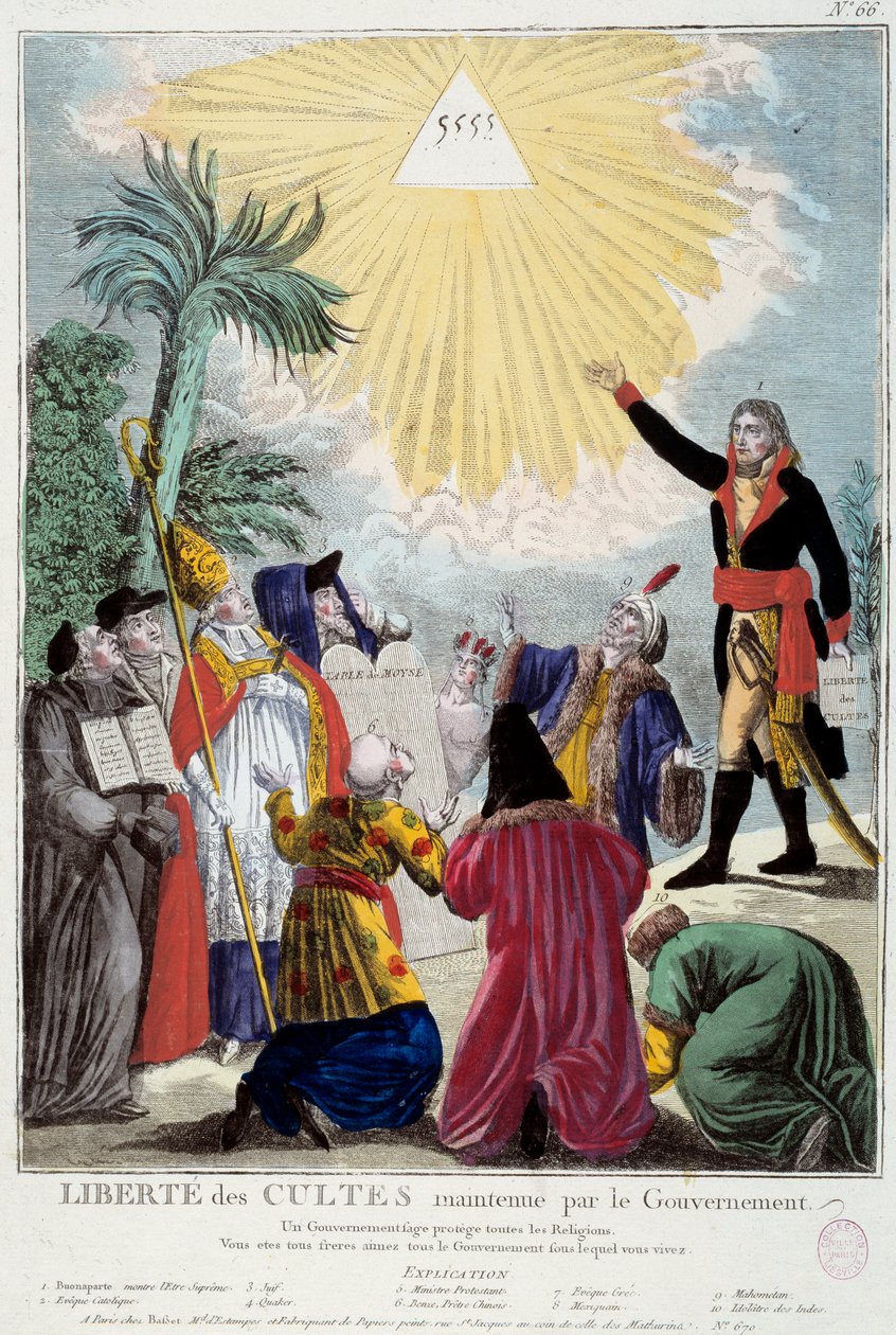 Rappresentazione della libertà di culto di tutte le religioni mantenuta da Napoleone Bonaparte: il primo Console indica il triangolo della Trinità simboleggiante Dio con i rappresentanti di ogni religione: vescovo cattolico, un ebreo, un quacchero da French School