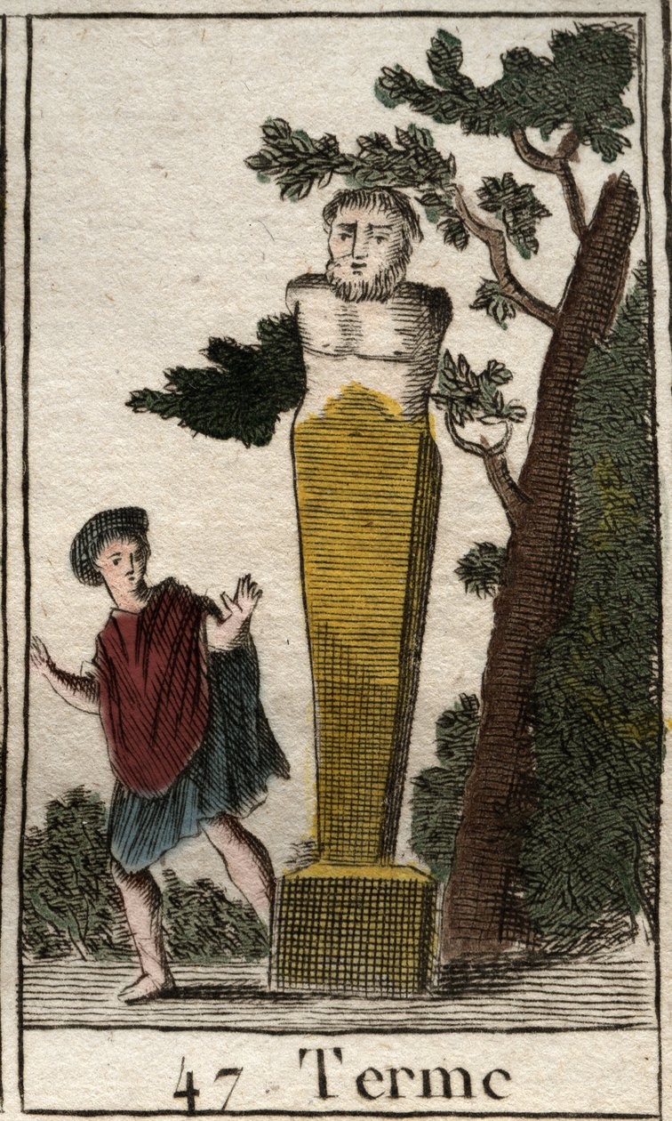Rappresentazione del dio Termine, sotto forma di terminale, per segnare possedimenti e terre. Da "Mythology of Youth" di Pierre Blanchard 1803. da French School