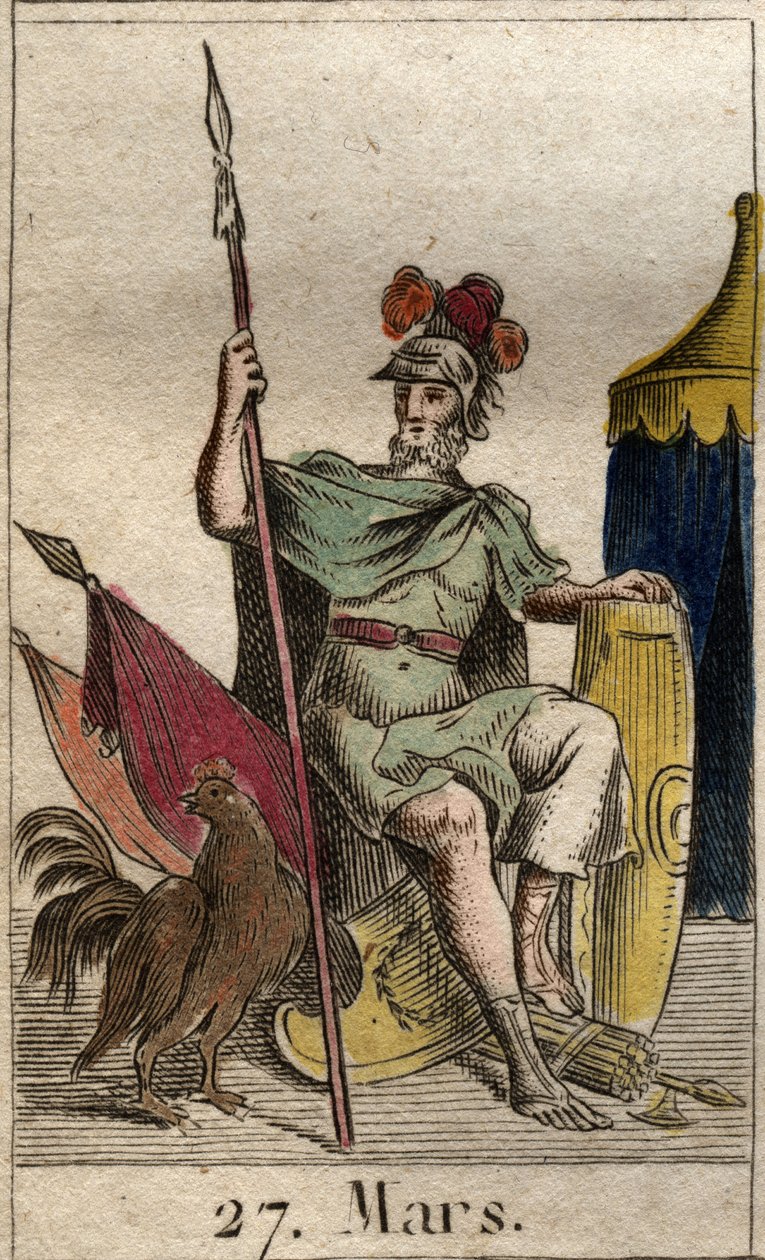 Rappresentazione del dio della guerra Marte, armato, vicino a un gallo. Da "Mythology of Youth" di Pierre Blanchard 1803. da French School