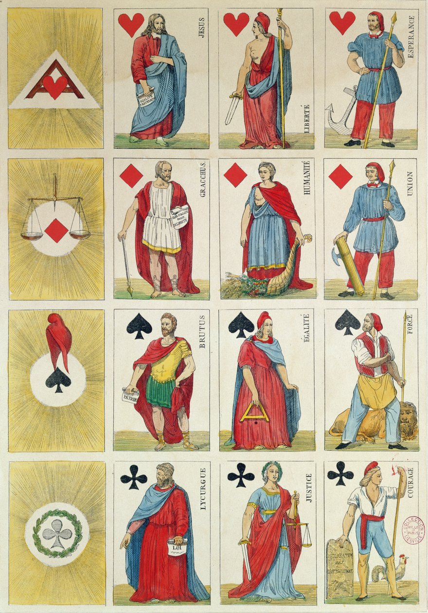 Riproduzione di carte da gioco repubblicane risalenti al periodo della Rivoluzione del 1848 da French School