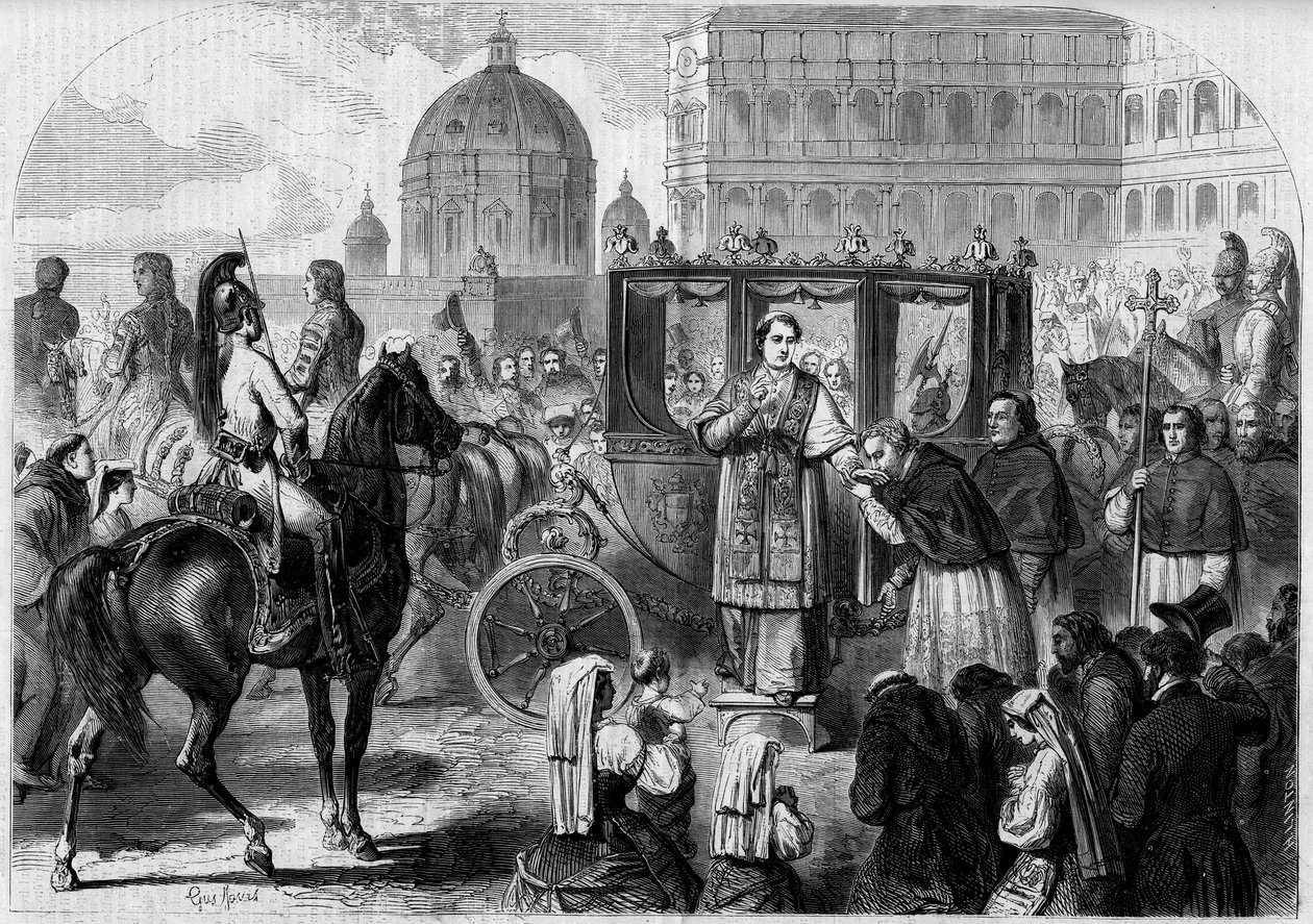 Ritorno di Papa Pio IX a Roma. Incisione in 