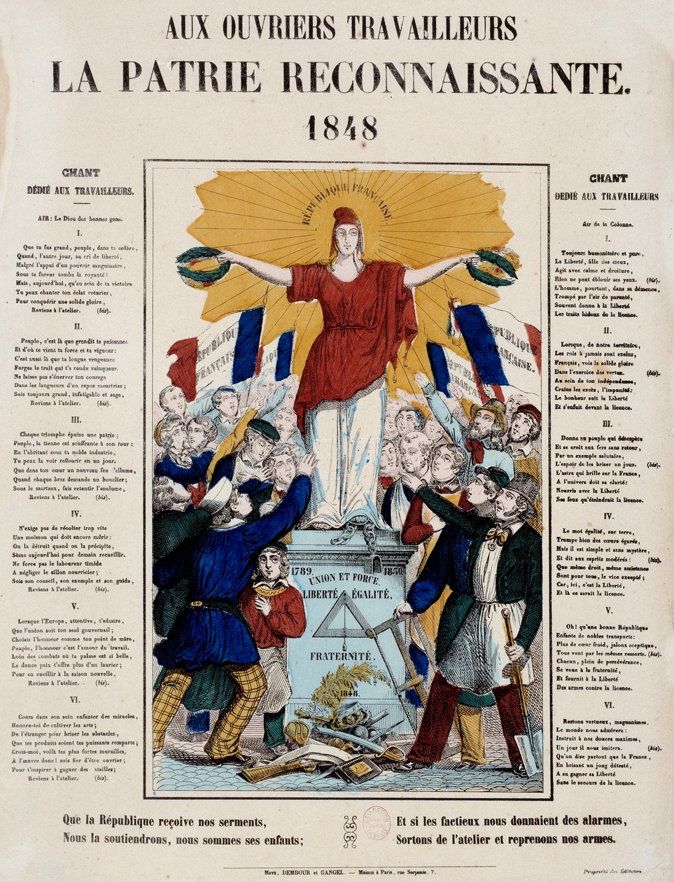 Rivoluzione del 1848 e nascita della seconda repubblica: manifesto e canzone intitolata "Ai lavoratori, la patria riconoscente", la Repubblica è salutata dai lavoratori. 1848 Parigi, Museo Carnavalet da French School