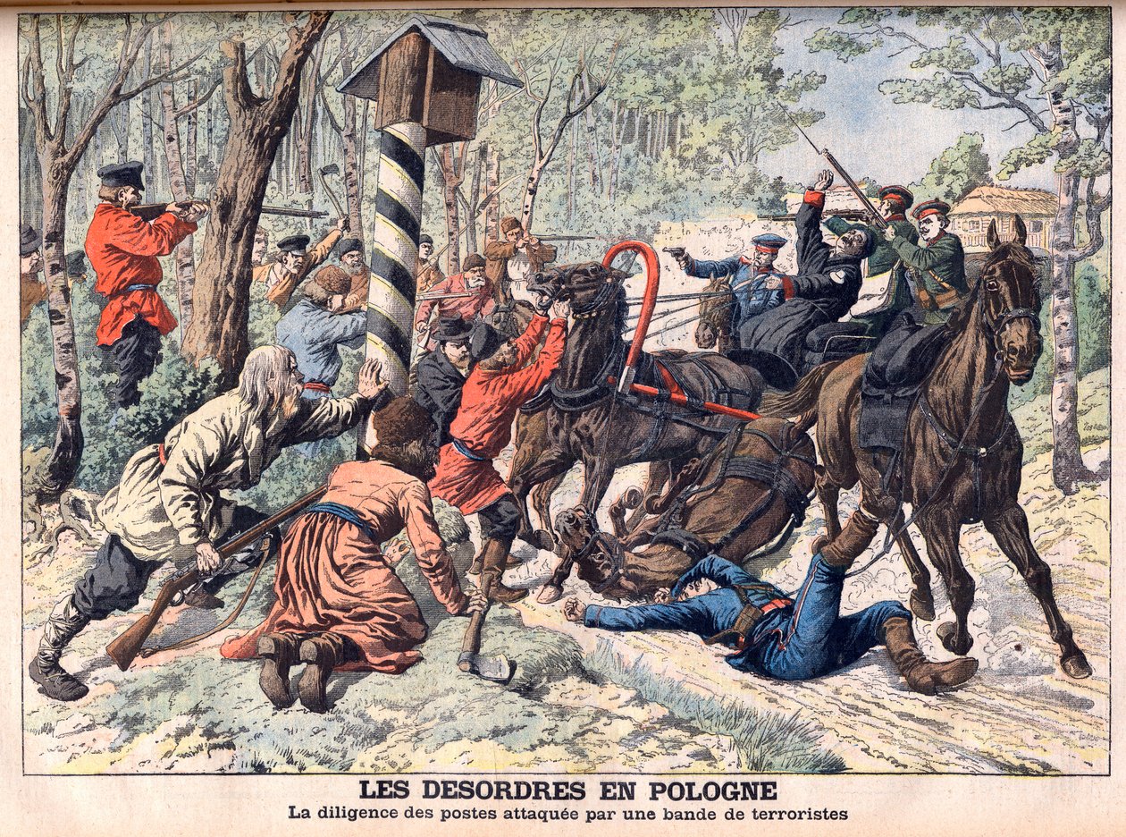 Rivoluzionari in Polonia - Terroristi che attaccano una diligenza in Polonia. I disordini in Polonia. Diligenza attaccata da una banda di terroristi. Illustrazione per Le Petit Journal da French School