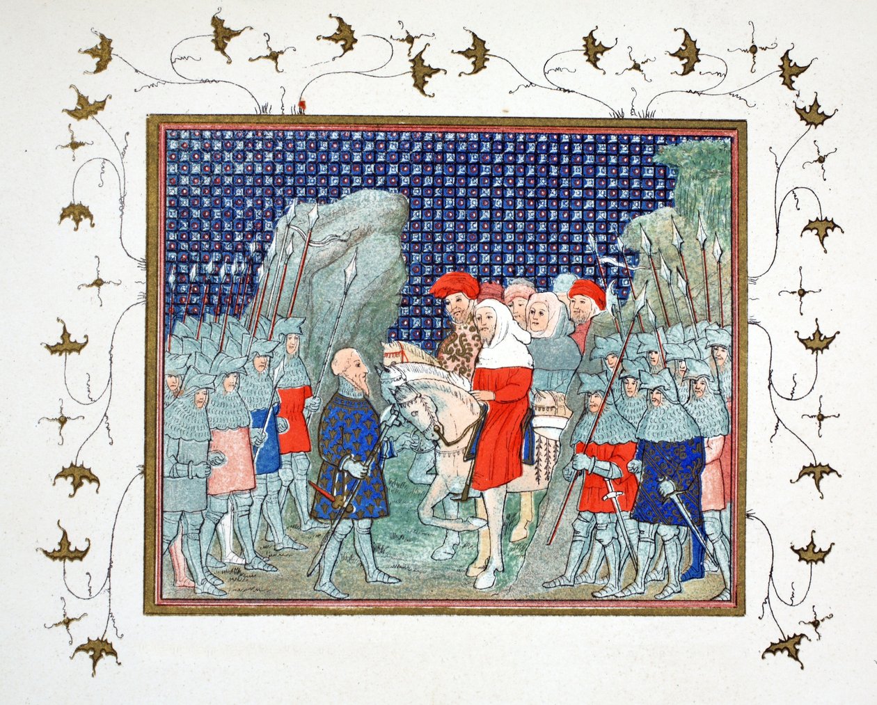 Riccardo II tradito a Penmaur Rhos e fatto prigioniero dal duca di Northumberland, copia facsimile da Le Prinse et Mort du Roy Richart di Jean Creton, ristampa XIX secolo da French School