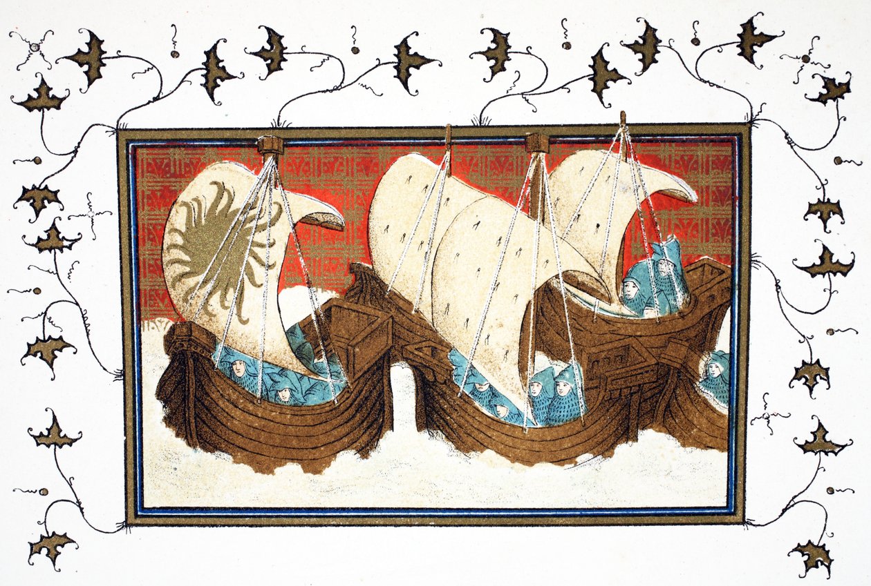 Riccardo II e la sua flotta sbarcano a Milford Haven, copia facsimile da Le Prinse et Mort du Roy Richart di Jean Creton, ristampa XIX secolo da French School