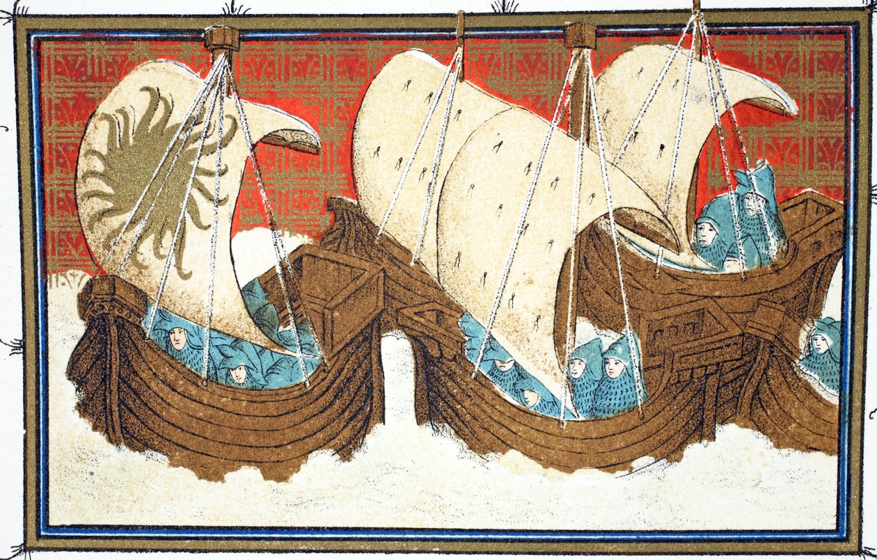 Riccardo II e la sua flotta sbarcano a Milford Haven, copia facsimile da Le Prinse et Mort du Roy Richart di Jean Creton, ristampa XIX secolo da French School