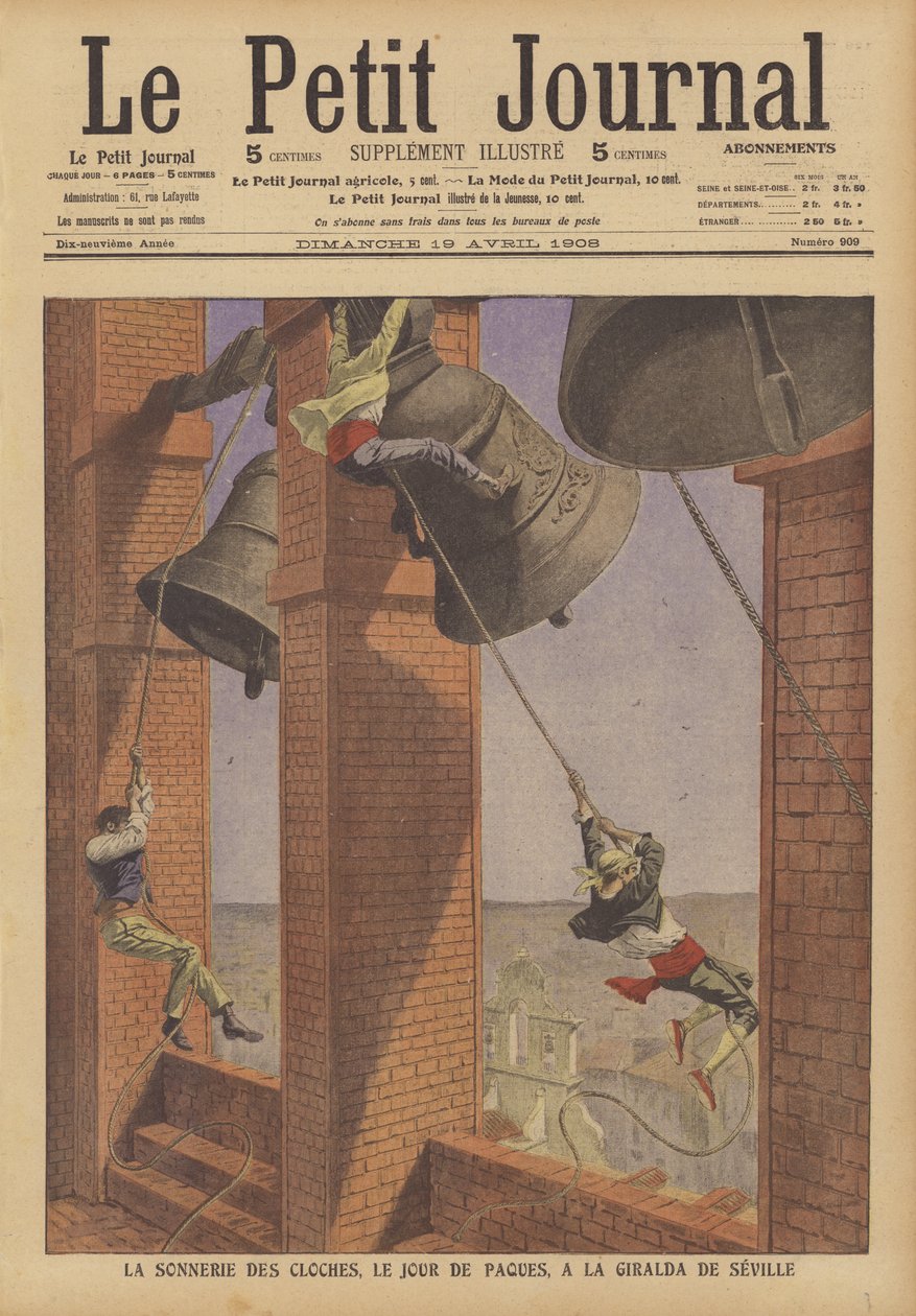 Suono delle campane della Giralda, campanile della Cattedrale di Siviglia, la domenica di Pasqua (litografia a colori) da French School