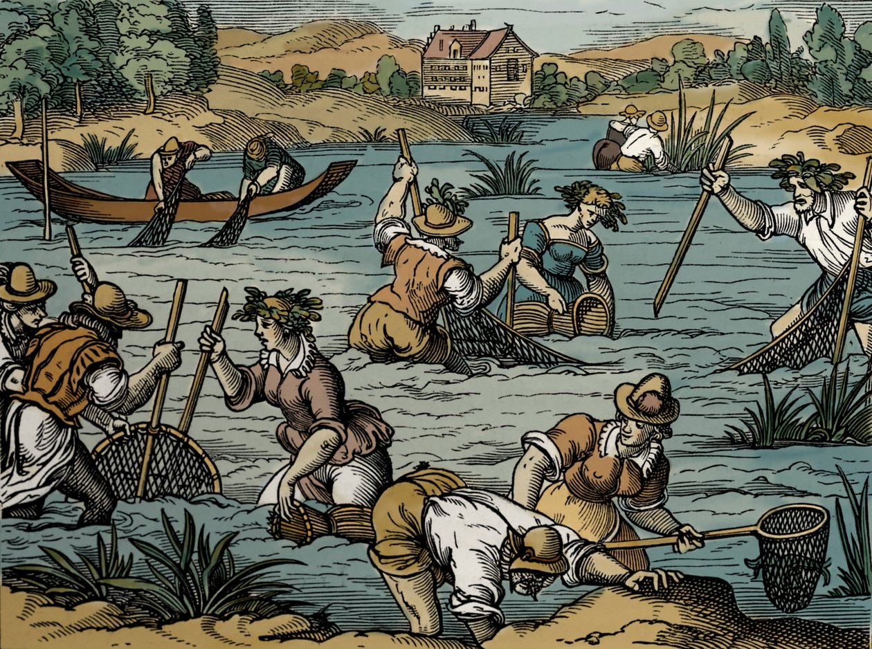 Pesca fluviale, dal 1584 (incisione) da French School