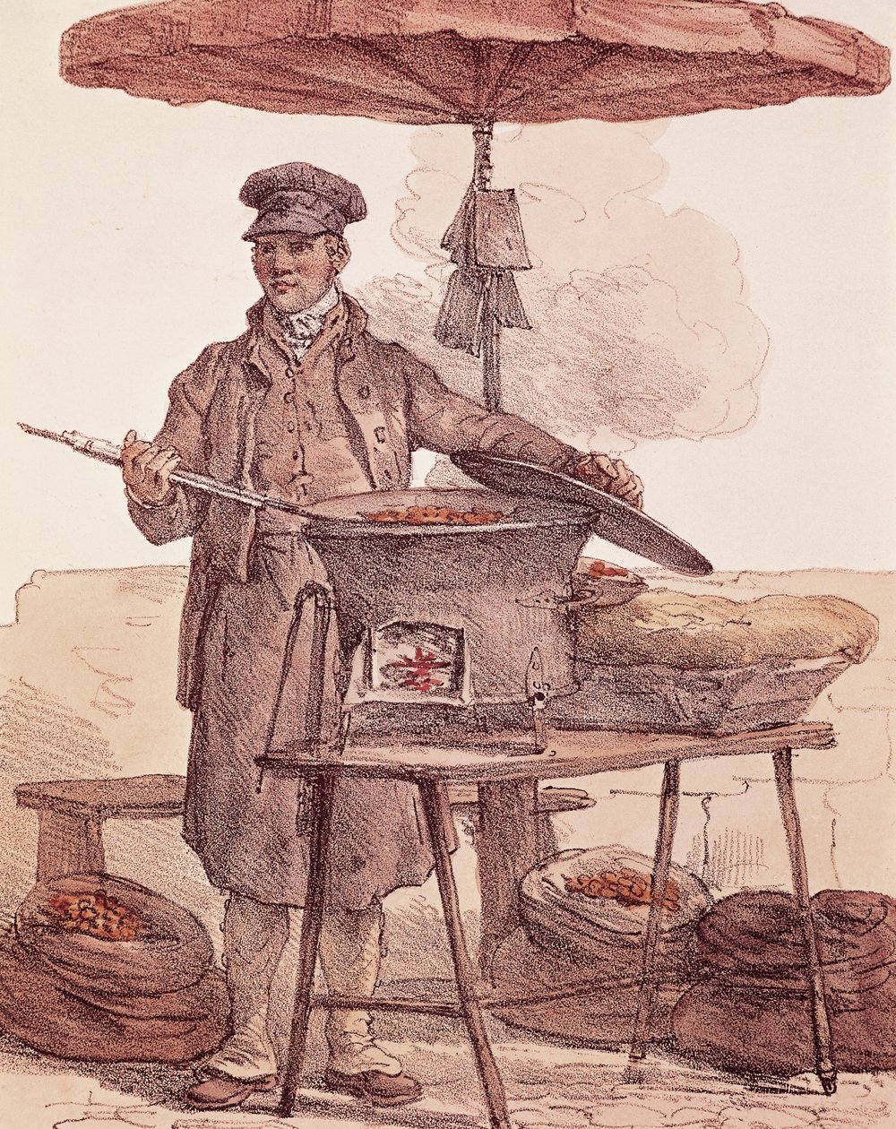 Venditore di castagne arrostite, stampa da French School